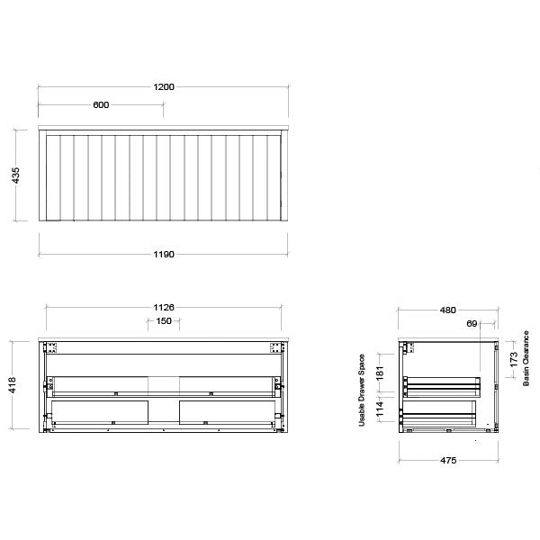 Timberline Saba Wall Hung Vanity With Under Counter Basin 1200mm Technical Drawing - Online at The Blue Space