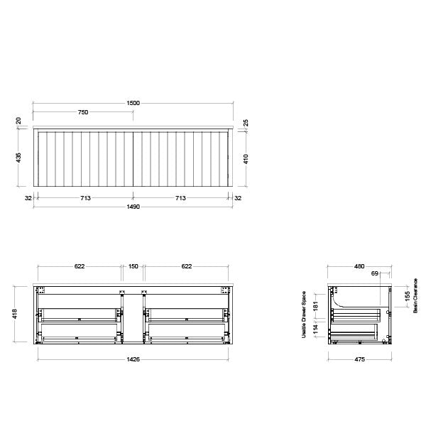 Timberline Saba Wall Hung Vanity With Under Counter Basin 1500mm Technical Drawing - Online at The Blue Space