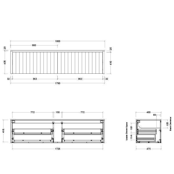 Timberline Saba Wall Hung Vanity Centre Bowl With Under Counter Basin 1800mm Technical Drawing - Online at The Blue Space