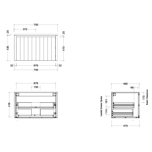 Timberline Saba Wall Hung Vanity With Under Counter Basin 750mm Technical Drawing - Online at The Blue Space