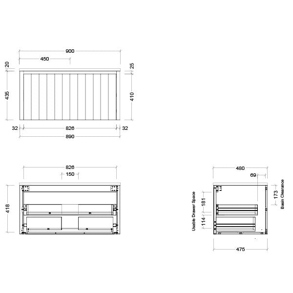 Timberline Saba Wall Hung Vanity With Under Counter Basin 900mm Technical Drawing - Online at The Blue Space