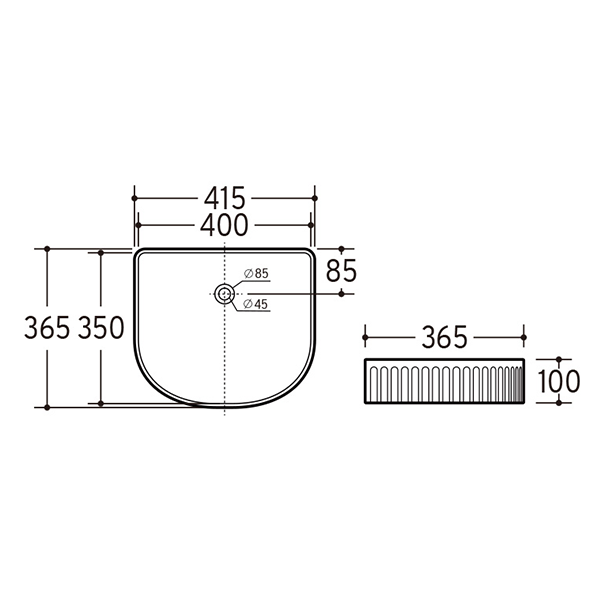 ADP Arch Fluted Above Counter Basin - The Blue Space - Technical Drawing