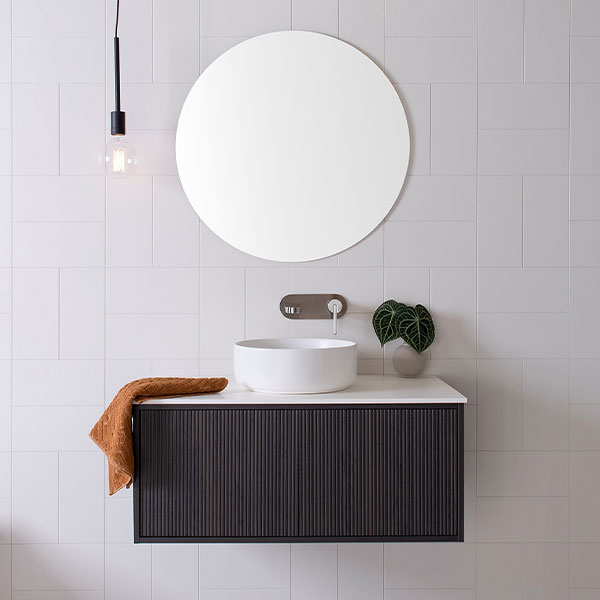 ADP Clifton Vanity 900mm centre bowl in Bottega Oak cabinet finish, and 12mm Bright White Cherry Pie benchtop - The Blue Space