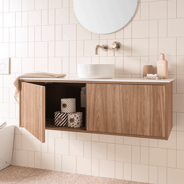 ADP Clifton Ensuite Vanity 1200mm in Prime Oak Woodmatt Thermolaminated V-Groove cabinet finish, 12mm Bright White Cherry Pie benchtop, and ADP Maggie above counter basin in gloss white, centre bowl, 0 Taphole with Push-to-open door and premium graphite interior - Online at The Blue Space