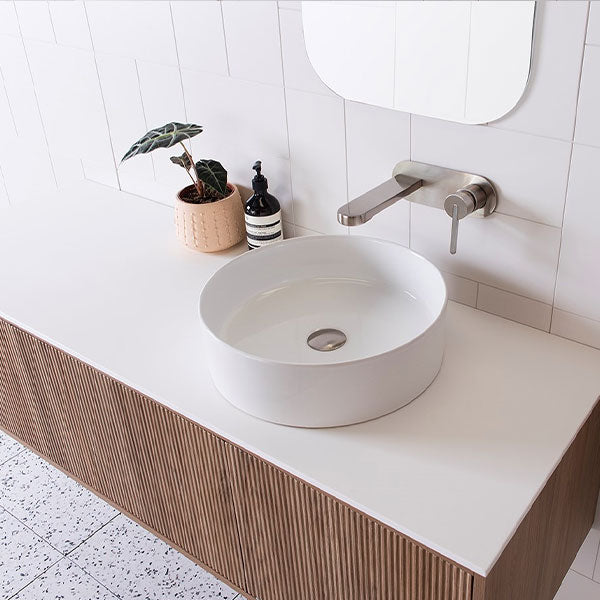 ADP Clifton Vanity in Prime Oak Woodmatt cabinet finish, 12mm Bright White Cherry Pie benchtop, and ADP Margot basin in gloss white - The Blue Space