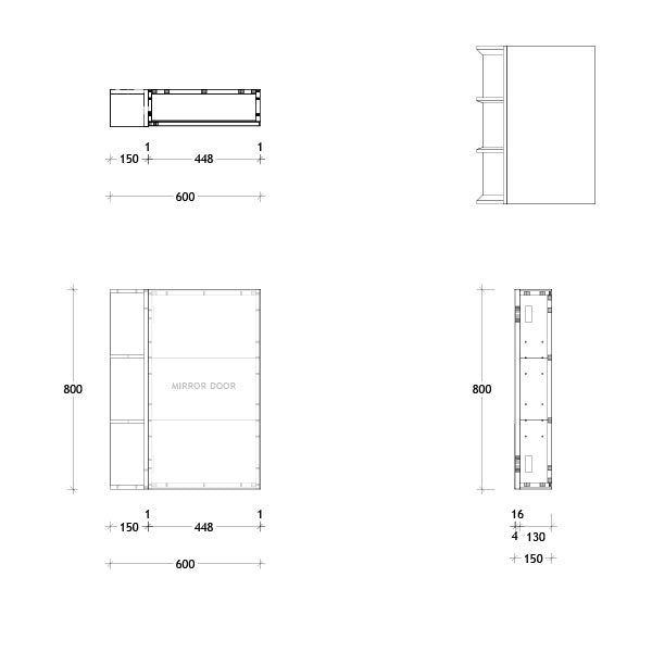ADP Glacier Lite Single Shelf Shaving Cabinet 600mm Technical Drawing - Online at The Blue Space
