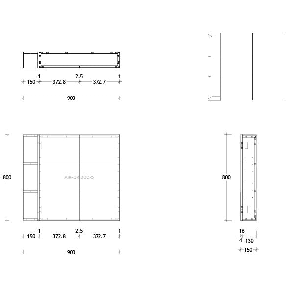 ADP Glacier Lite Single Shelf Shaving Cabinet 900mm Technical Drawing - Online at The Blue Space