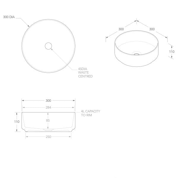 ADP Maggie Above Counter Basin Technical Drawing - The Blue Space