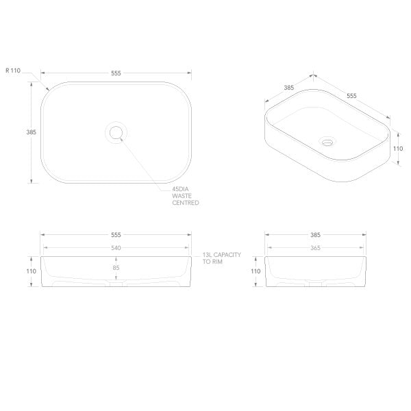 ADP Max Above Counter Basin Technical Drawing - The Blue Space