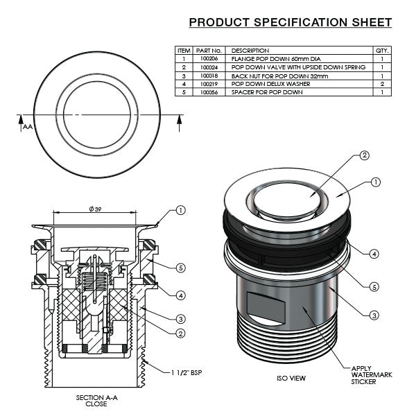 ART Australia Basin Pop Down Universal Plug and Waste 32/40mm Technical Drawing - The Blue Space