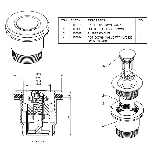ART Australia Bath Pop Down Plug and Waste 40mm Technical Drawing - The Blue Space