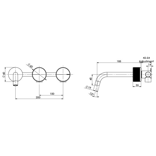 Phoenix Axia Wall Basin/Bath Curved Outlet Hostess Set 180mm Matte Black Technical Drawing at The Blue Space