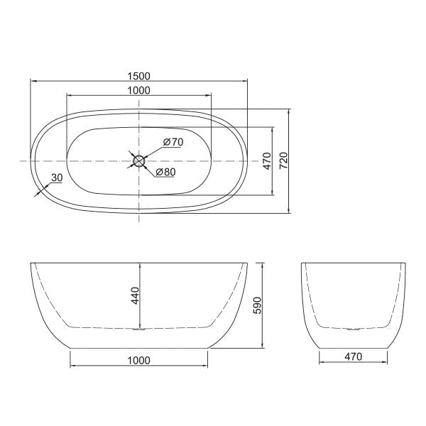 BelBagno Ally Freestanding Bath 1500mm White Technical Drawing - The Blue Space