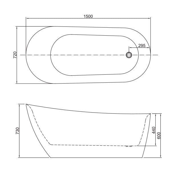 BelBagno Romano Freestanding Bath White ВВ15-1500 Technical Drawing - The Blue Space