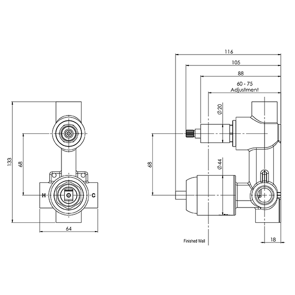 Phoenix Shower/Bath Diverter Mixer Body Technical Drawing at The Blue Space
