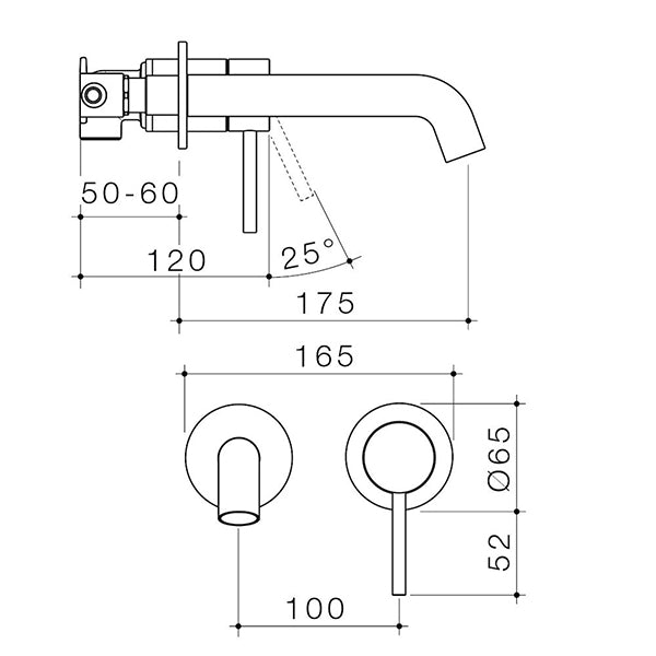 Caroma Liano II 175mm Wall Basin/Bath Mixer Set Technical Drawing - The Blue Space