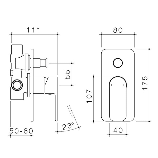 Caroma Luna Bath/Shower Mixer with Diverter Technical Drawing - The Blue Space