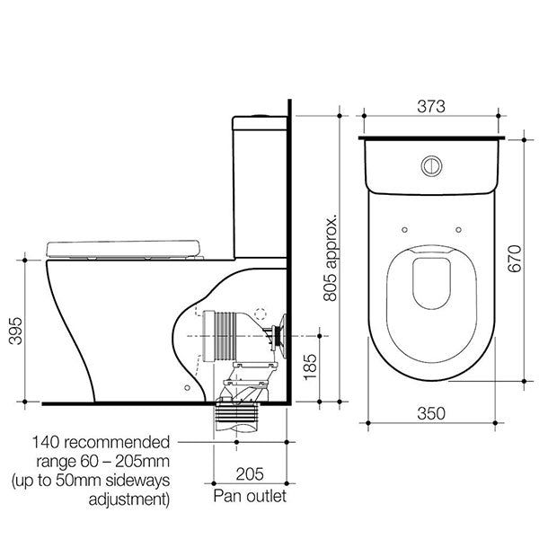 Caroma Luna Cleanflush Toilet Suite Technical Drawing - The Blue Space