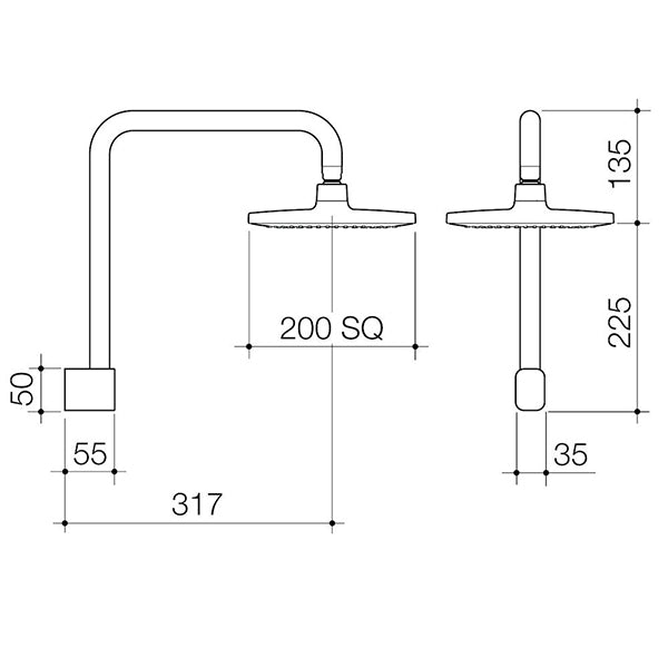 Caroma Luna Fixed Overhead Shower Satin Black Technical Drawing - The Blue Space