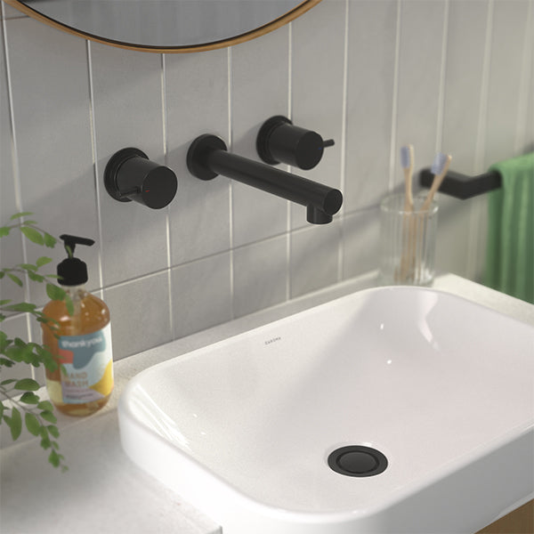 Caroma Luna Lever Wall Tap Set Satin Black Lifestyle Image - The Blue Space
