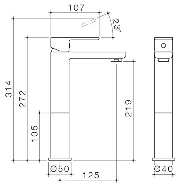 Caroma Luna Tower Basin Mixer Technical Drawing - The Blue Space