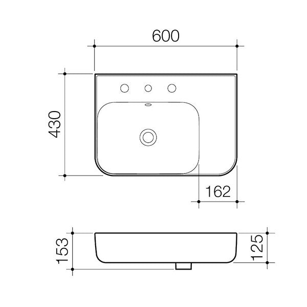 Caroma Tribute Rectangle Wall Basin Right Hand Shelf 600mm Technical Drawing - The Blue Space