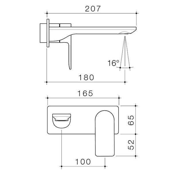 Caroma Urbane II 180mm Wall Basin/Bath Mixer Rectangle Technical Drawing - The Blue Space