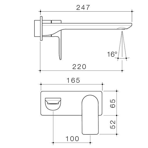 Caroma Urbane II 220mm Wall Basin/Bath Mixer Rectangle Technical Drawing - The Blue Space
