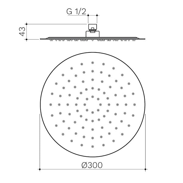 Caroma Urbane II Round Rain Shower Head 300mm Technical Drawing - The Blue Space
