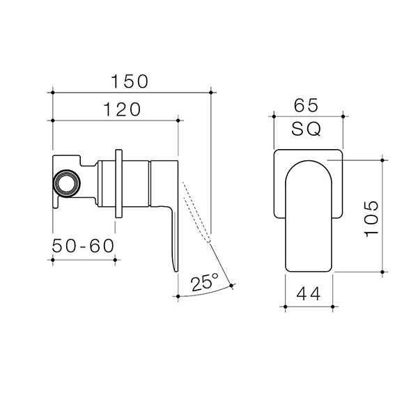 Caroma Urbane II Bath/Shower Mixer Square Technical Drawing - The Blue Space