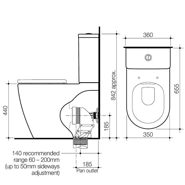 Caroma Urbane II Cleanflush Wall Faced Toilet Suite Technical Drawing - The Blue Space