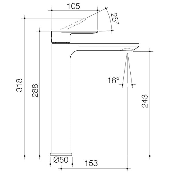 Caroma Urbane II Tower Basin Mixer Technical Drawing - The Blue Space