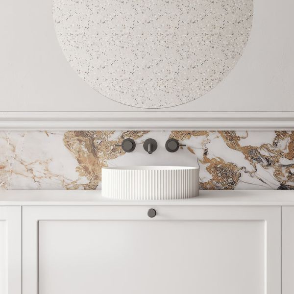 Cassa Design V Groove Solid Surface Stone Above Counter Basin 360mm Matte White features gun metal wall mounted 3 piece set in marble bathroom design - The Blue Space