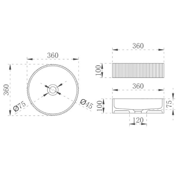 Technical Drawing: Cassa Design V Groove Solid Surface Stone Above Counter Basin 360mm - The Blue Space