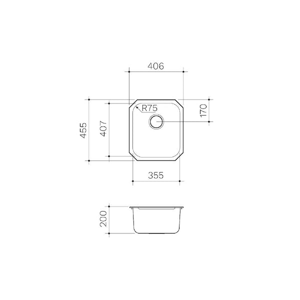 Clark Polar Single Bowl Undermount Kitchen Sink Technical Drawing - The Blue Space