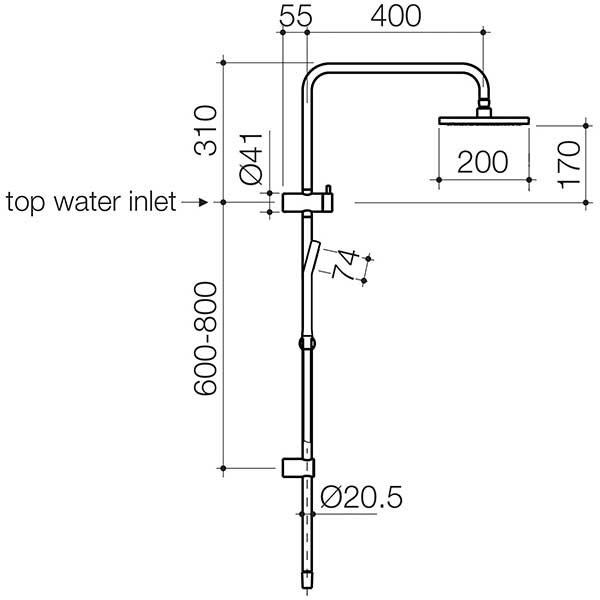 Clark Square II Rail Shower With Overhead Technical Drawing - The Blue Space