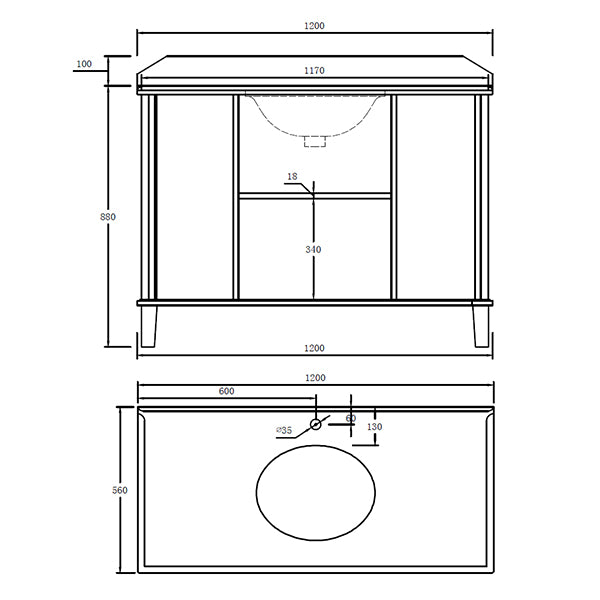Turner Hastings Coventry 120 x 55 Single Bowl Vanity With White Marble Top Technical Drawing