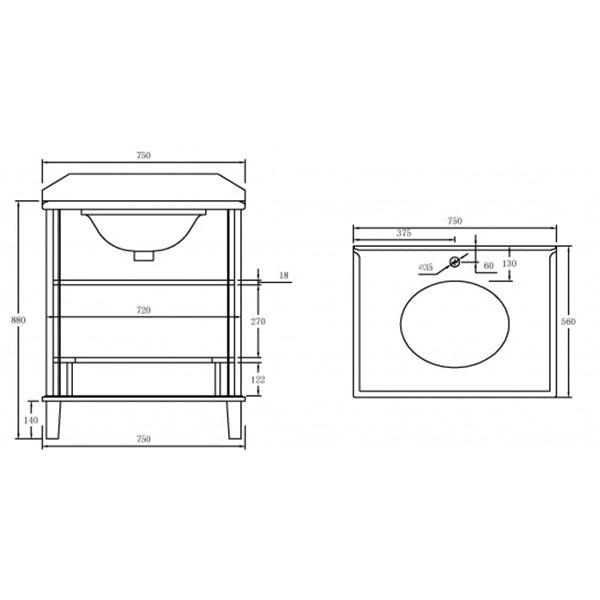 Turner Hastings Coventry 75 x 55 Vanity With White Marble Top Technical Drawing