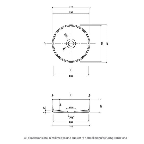 Eight Quarters Amaroo Circle Mini Gloss White Basin Technical Drawing - The Blue Space