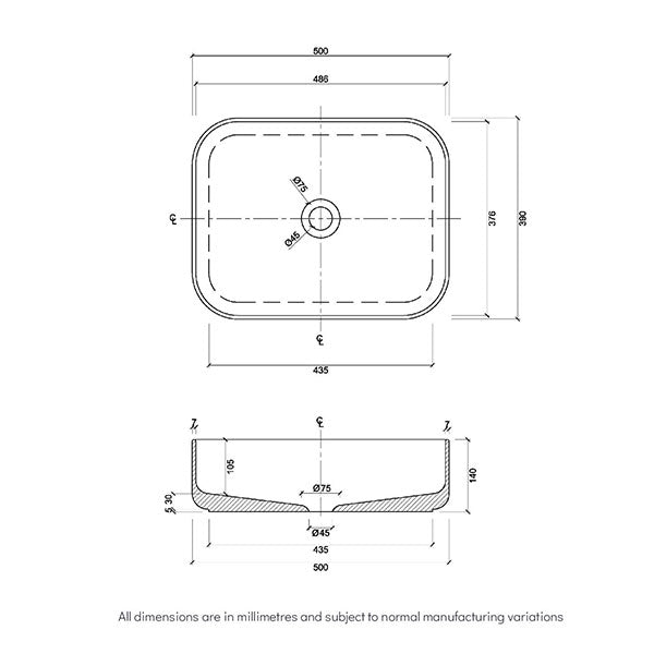 Eight Quarters Amaroo Small Rectangle Matte Black Basin Technical Drawing - The Blue Space