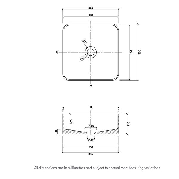 Eight Quarters Amaroo Square Matte White Basin Technical Drawing - The Blue Space