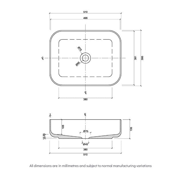 Eight Quarters Montalto Small Rectangle Classic Black Rim Basin Technical Drawing - The Blue Space