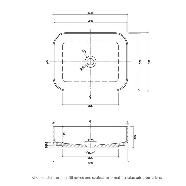 Eight Quarters Regency Small Rectangle Classic Gloss White Basin Technical Drawing - The Blue Space