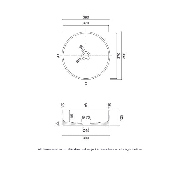 Eight Quarters Terrazzo Circle Above Counter Basin 390mm Technical Drawing - Online at The Blue Space