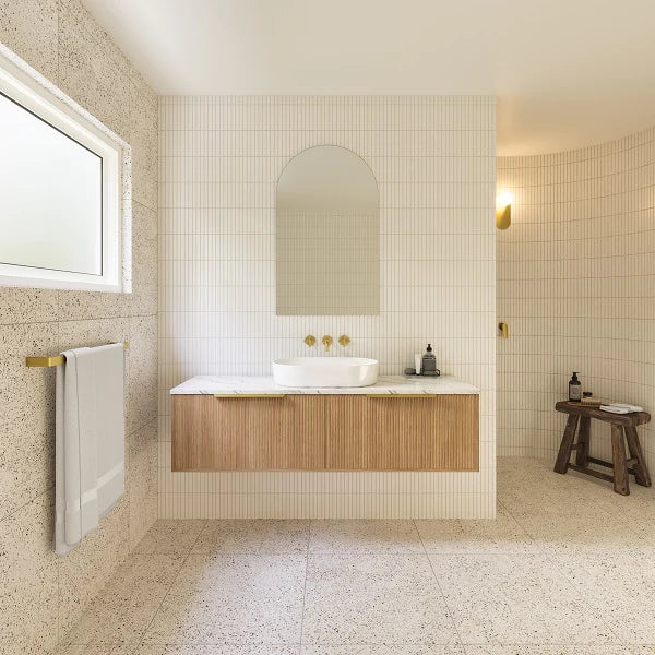 Timberline Elwood Wall Hung Vanity 1500mm With Above Counter Basin, brushed bras basin mixer and top-pulled handle features arch mirror and towel handle in modern bathroom design - The Blue Space