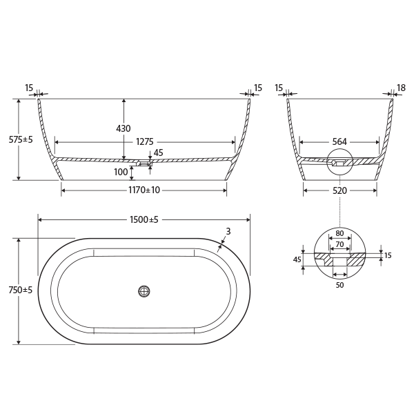 Fienza Kaya Slim Wall Matte White Stone Bath 1500mm Technical Drawing - The Blue Space