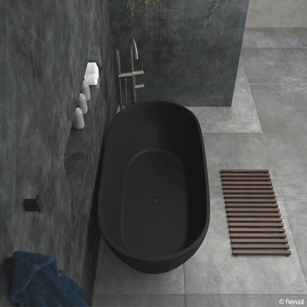 Fienza Luciana Matte Black Stone Freestanding Bath Lifestyle Image - The Blue Space