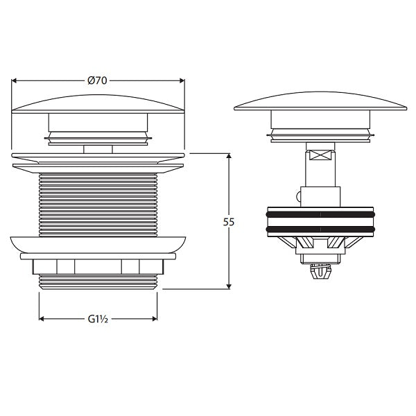 Technical Drawing Fienza Universal Pull-Out/Pop-Up Brass Cap Bath Waste Non Overflow Brushed Nickel WAS79BN - The Blue Space