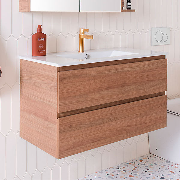 ADP Glacier All Drawer Twin 900mm Centre Bowl vanity with Ceramic top in Tasmanian Oak Woodmatt side