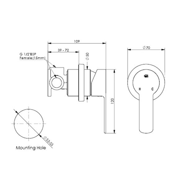 Greens Tapware Astro II Bath Shower Mixer with Mini Faceplate Technical Drawing - The Blue Space